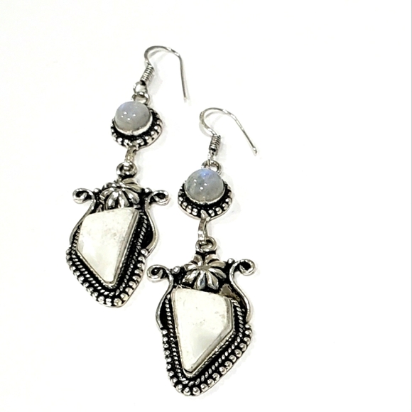 Hand Crafted Jewelry - Howlite Rainbow Moonstone Gem 9235 Vintage Goth Punk Earrings